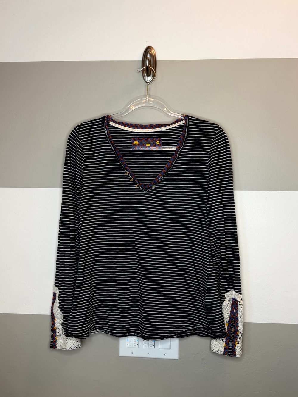 Anthropologie Little yellow button Striped V-Neck Long Sleeve Top medium